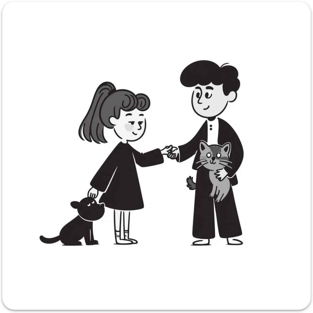 A girl with long brown hair holding the hand of a boy with black hair, both dressed in black, holding a cat and dog sticker