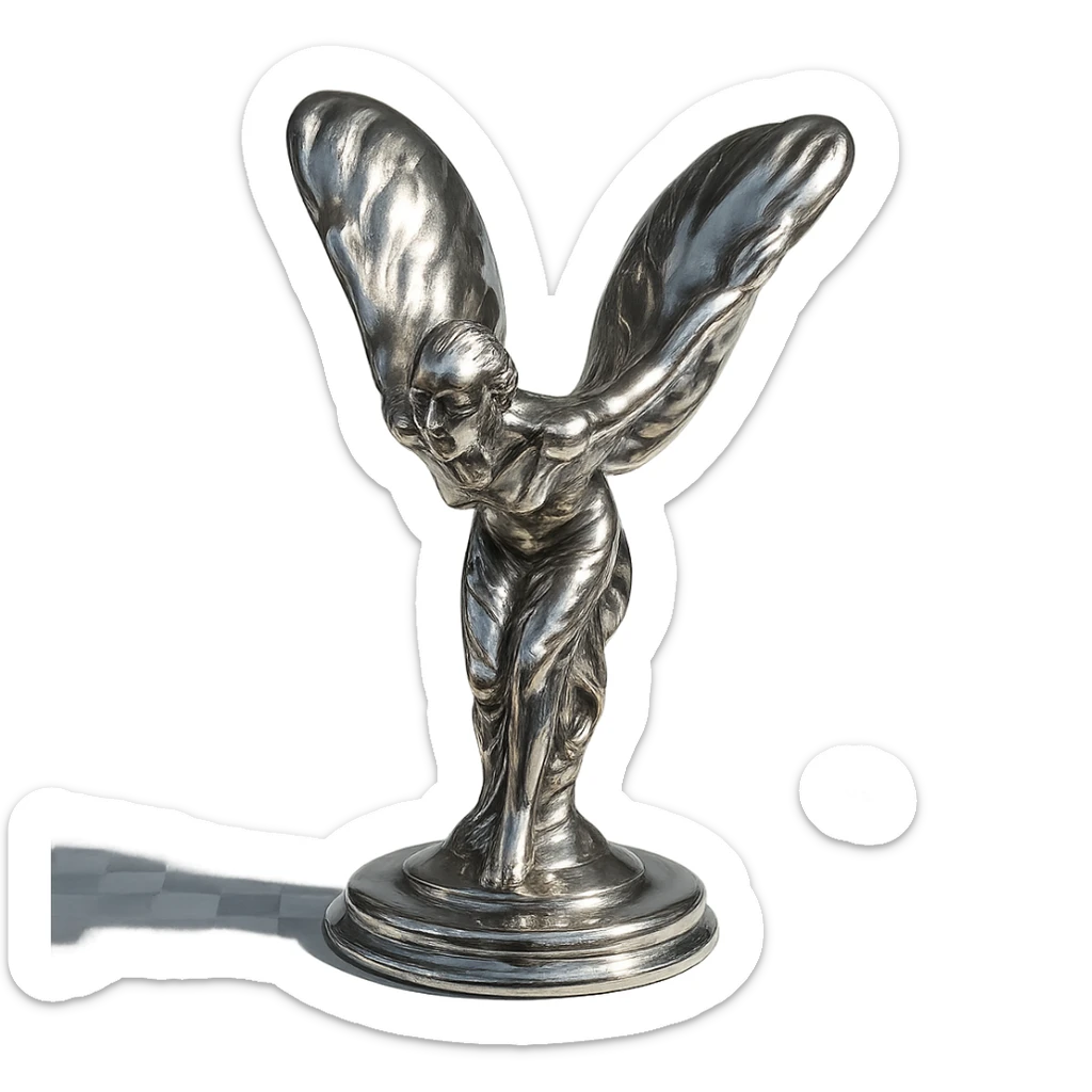Spirit of Ecstasy hood ornament, elegant, metallic, inspired by Rolls Royce, detailed, graceful, wings outstretched, luxury car symbol sticker