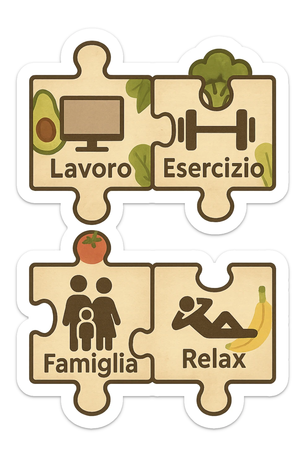 Puzzle (Lavoro, Esercizio, Famiglia, Relax), in lavoro metti icona di un PC, in Esercizio un Manubrio, in Famiglia una famiglia, in Relax qualcuno che riposa and healthy foods are integrated into each piece. in italiano sticker