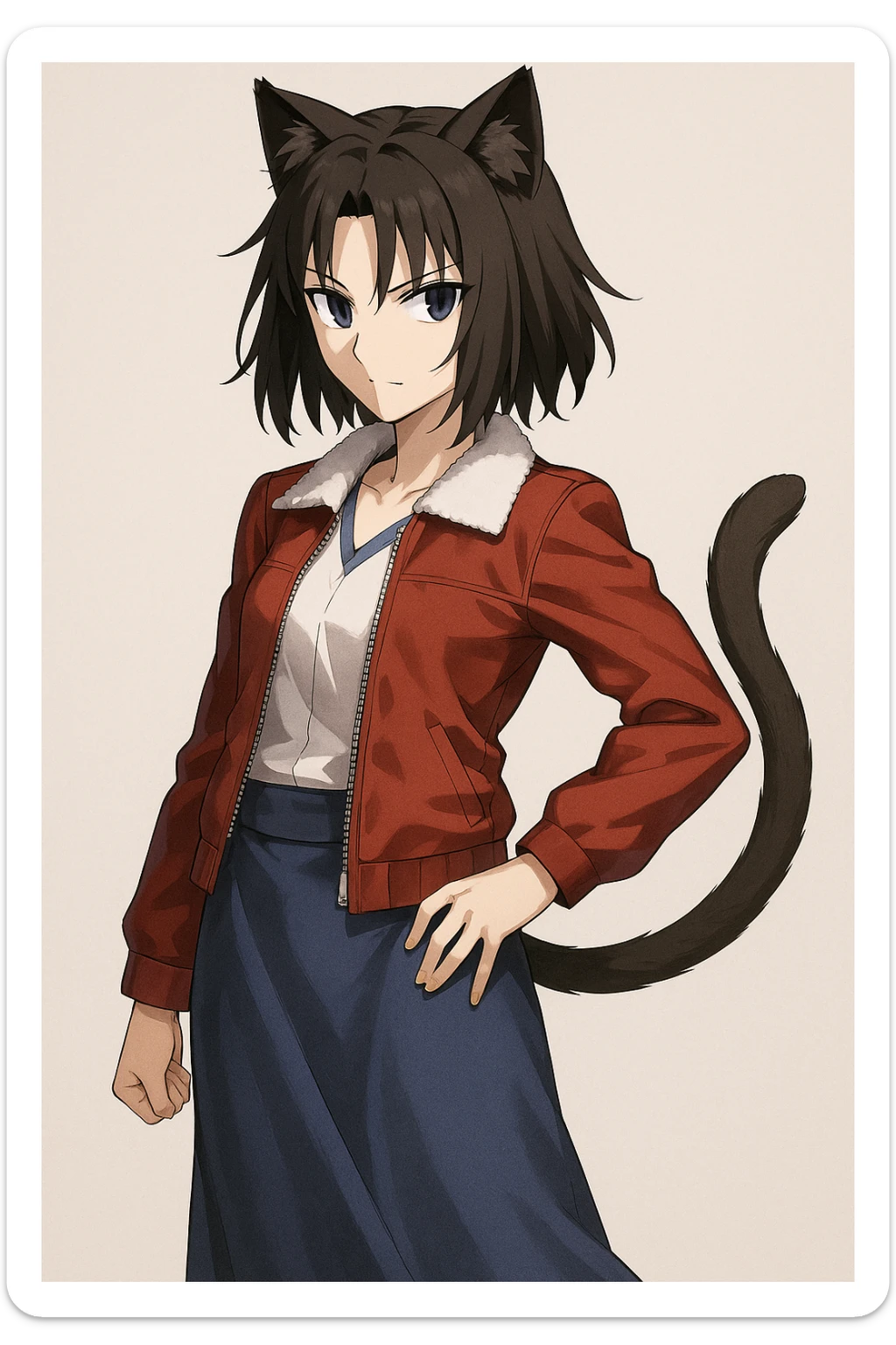 Ryougi Shiki with cat ears and cat tail, wearing her red jacket, confident pose sticker