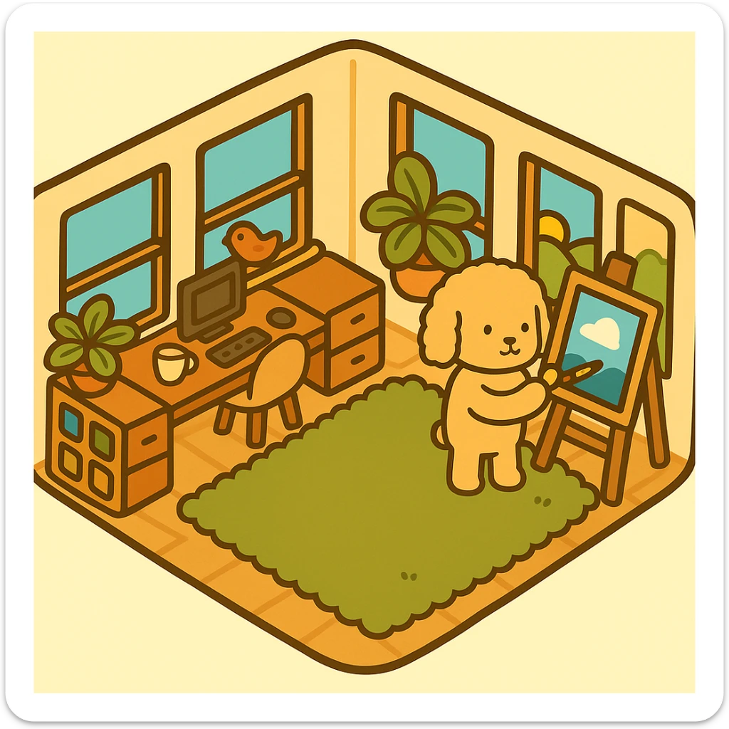 Add a single paintbrush to the character's paw, making it appear as if the character is painting on the canvas on the easel. Keep the original style, colors, and strokes exactly the same, only include the paintbrush and the action of painting without altering anything else. sticker