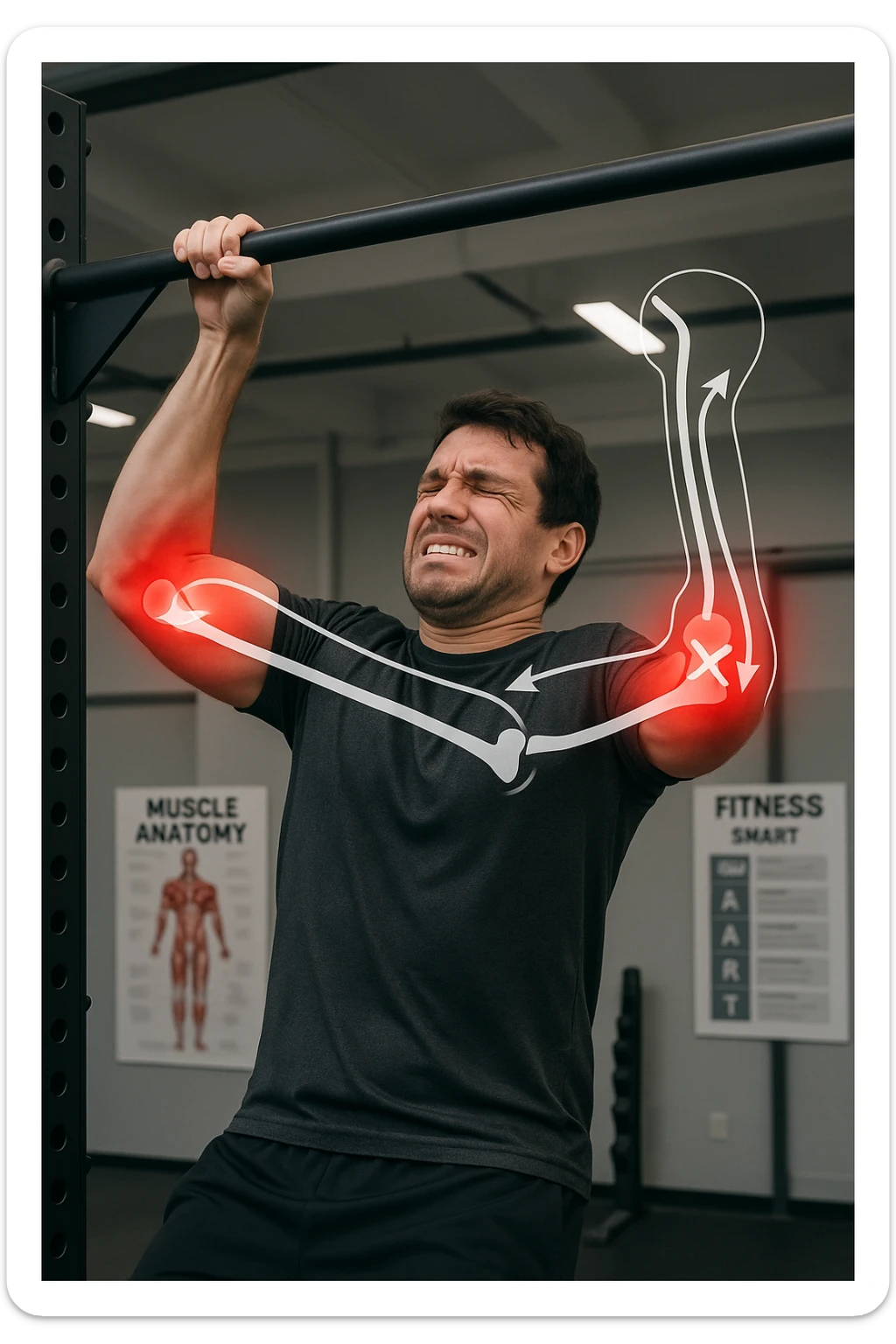 a man in gym clothes esegue una trazione alla sbarra con una tecnica visibilmente scorretta—gomiti troppo larghi o polsi piegati in modo innaturale. I gomiti sono evidenziati con un alone rosso acceso per indicare dolore o infiammazione. Un diagramma trasparente mostra le forze errate applicate sull’articolazione. La scena è ambientata in una palestra moderna, con poster educativi sullo sfondo. sticker