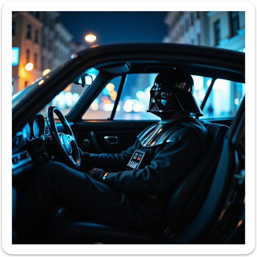 Cinematic shot of a Darth vader sitting in porsche 911, blue and orange lights  sticker