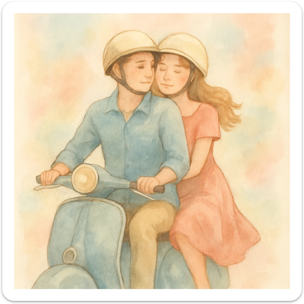 watercolour style, couple on a vintage scooter, pastel background, gentle brushstrokes sticker