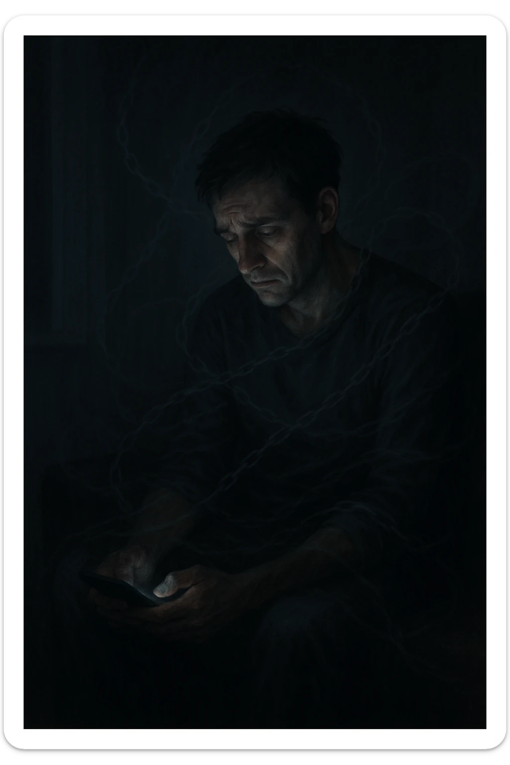 a man sits alone in a dimly lit room at night, illuminated only by the glow of a computer or phone screen. His posture is slouched, and his expression is tired and troubled. Around him, faint, ghostly chains or shadows subtly wrap around his body, symbolizing addiction and emotional distress. The background is blurred, emphasizing isolation and discomfort. in italiano sticker