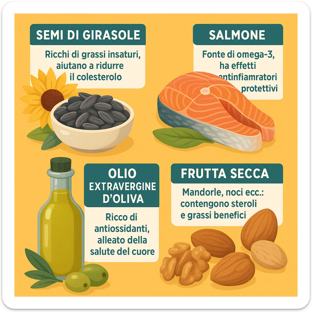 realistic infographic showing composition of various foods rich in good fats including seeds, fish, extra virgin olive oil, nuts on a bright colorful background with Italian caption 'I grassi buoni: fondamentali per il benessere', modern and attractive style sticker