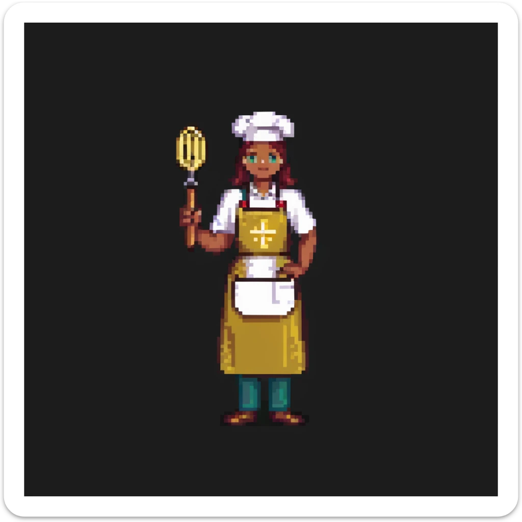 Portrait of a proud baker with a golden apron and embroidered details, holding a polished whisk, skeuomorphism style sticker