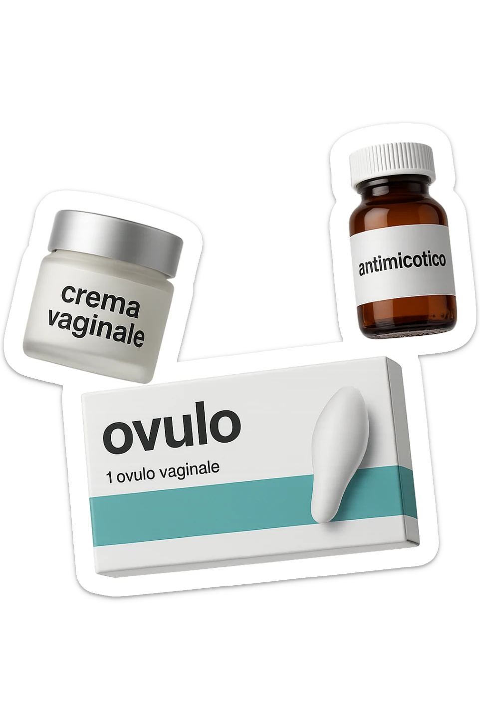un barattolo di crema con la scritta "crema va**ale", una scatola con farmaco con la scritta "ovulo", un barattolo di farmaco con la scritta "antimicotico" in italiano sulle etichette, fluttuano in aria, IPERREALISTICO 4K sticker