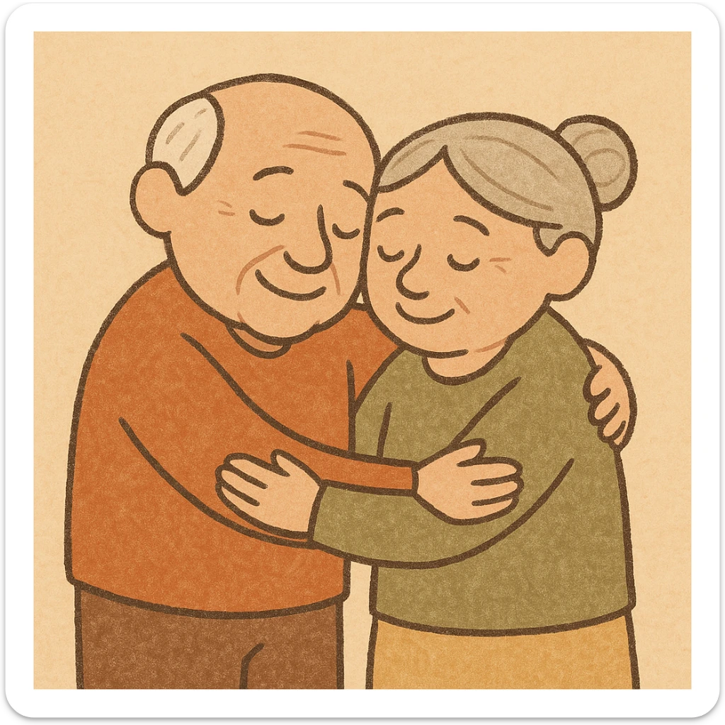 senior couple in a hug, no glasses, sweet and caring, plain background sticker