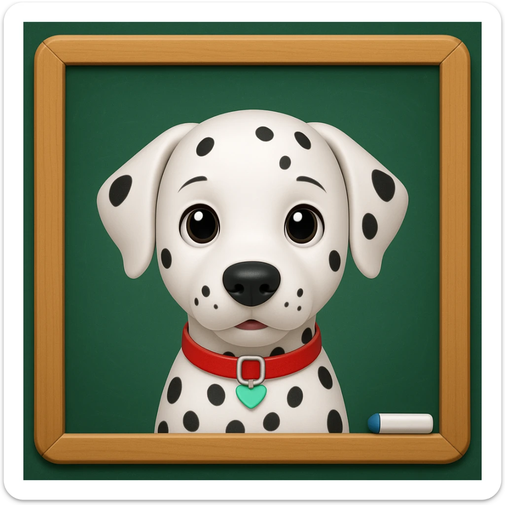 Dalmatian in front of a green school board in a wooden frame, iphone emoji style sticker