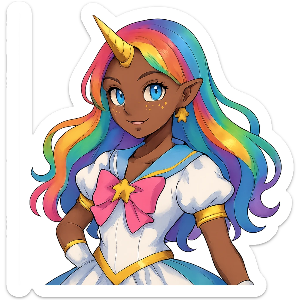 a magical girl with rainbow hair, blue eyes, dark skin, a gold unicorn horn, and star-shaped freckles sticker