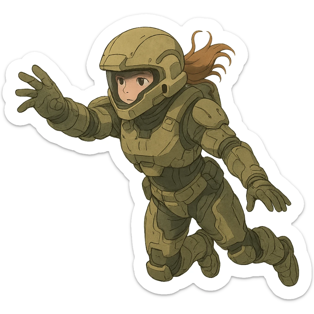 1 female, strengthened sIII spartan-3 helmet with a black visor, a tactical female space warrior floating in zero-g EVA operations, reaching in front of her sticker