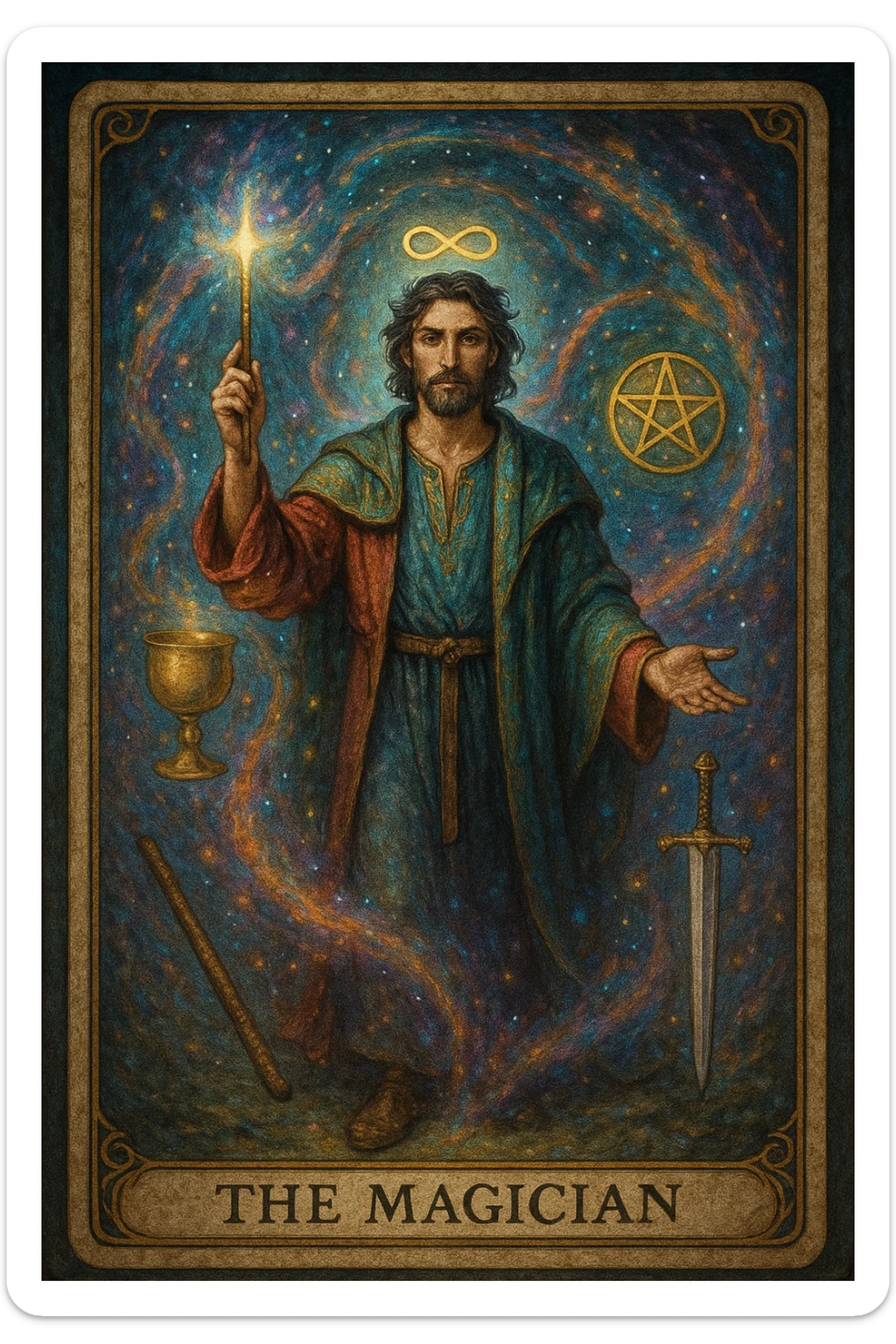the magician tarot card, mystical, holding a wand, with symbols of the four suits (cup, pentacle, sword, wand), magical aura, vibrant colors sticker