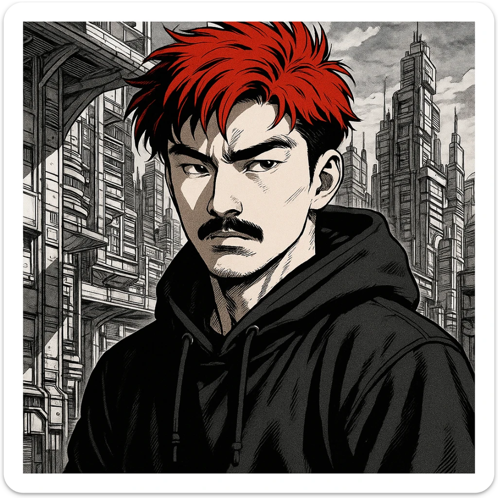 Asian man with black mustache, red hair, black hoodie, Ghost in the Shell manga style, futuristic city background, sharp shadows, high detail sticker