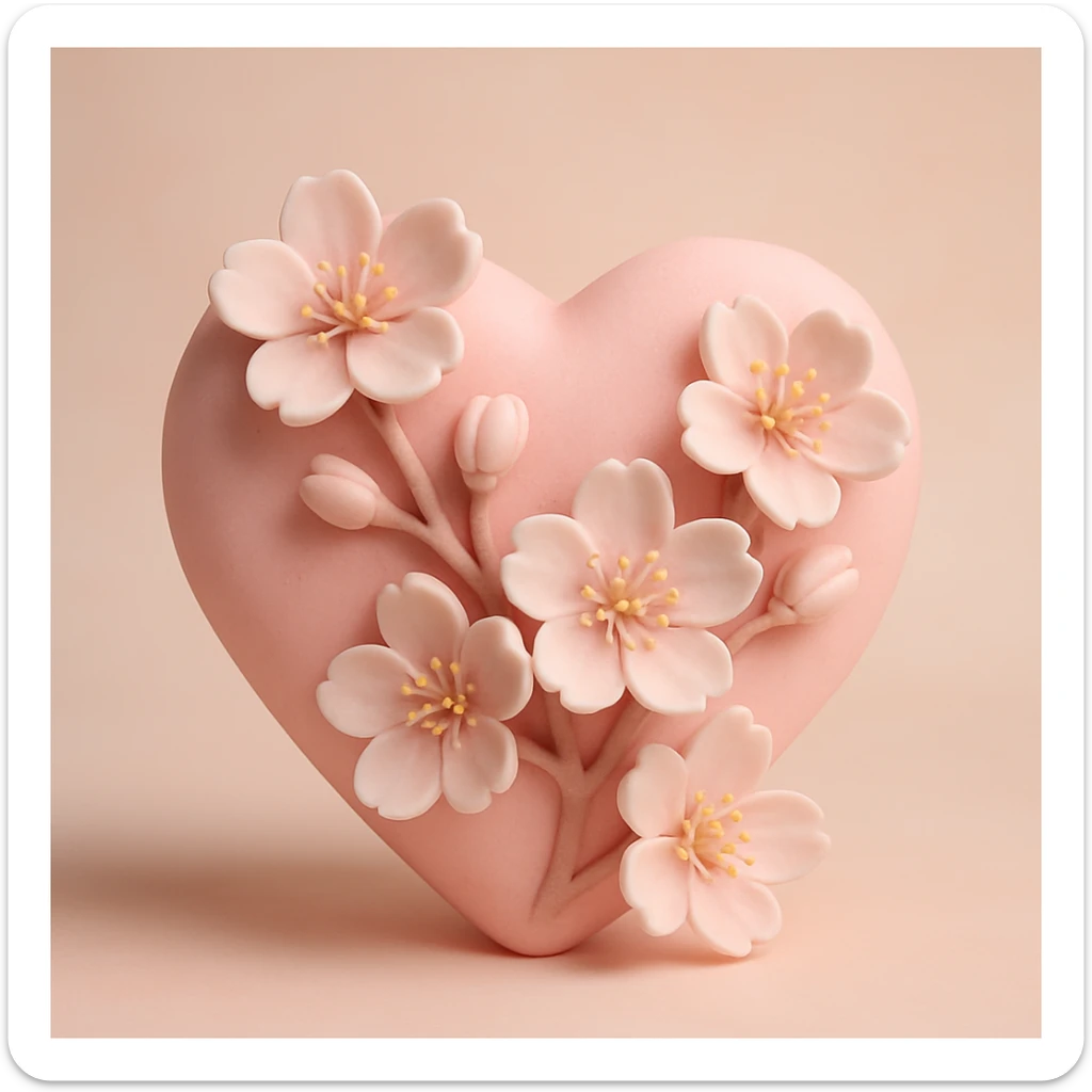 pink heart with sakura flowers, fondant cake art style sticker
