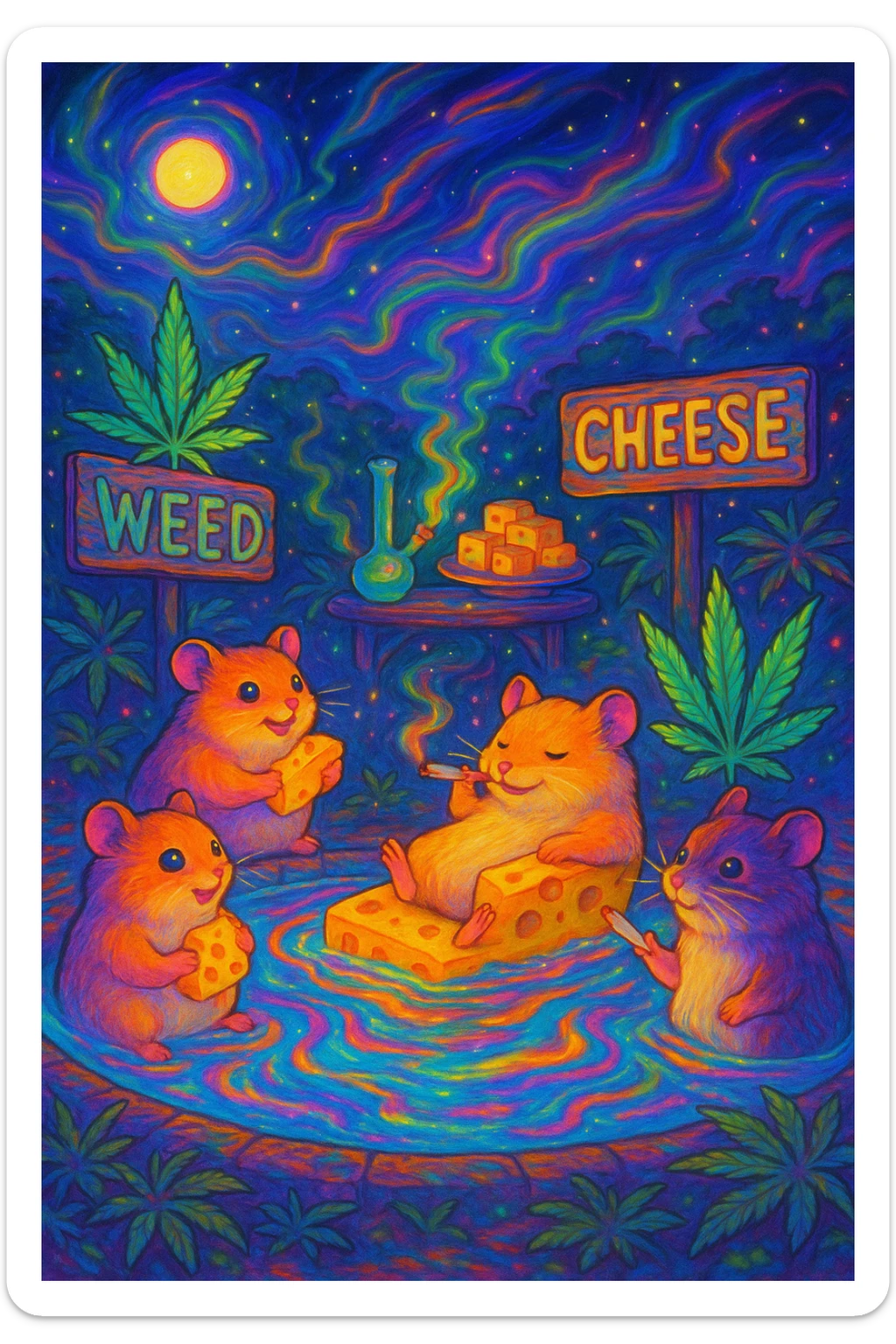 A psychedelic, ultra-colorful scene of hamsters at a weed and cheese pool party at night, with glowing lights, swirling colors, magical energetic vibe, Ghibli style sticker