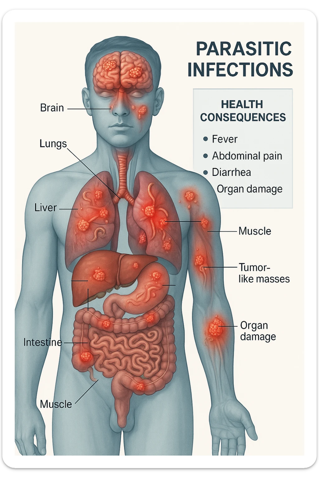 a semi-transparent view of a man’s body reveals numerous parasitic organisms inside his organs and tissues. Some areas are highlighted with red or inflamed zones, and small tumor-like masses are visible where the parasites cluster. The background is clinical and educational, with labels pointing to affected organs and a sidebar showing the health consequences. sticker