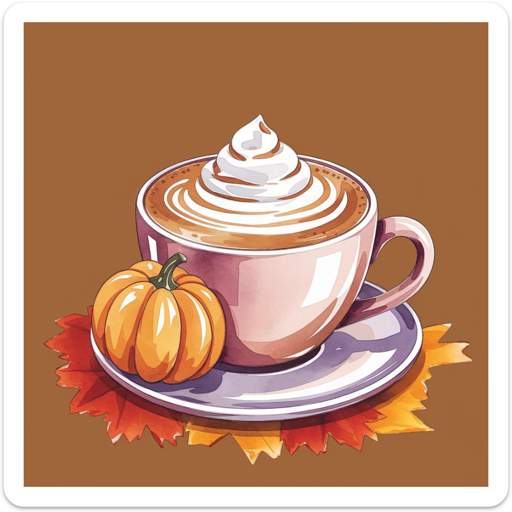 coffee latte art seamless background, pumpkin spice latte, creamy brown and orange tones, cozy autumn café vibe, watercolor effect sticker