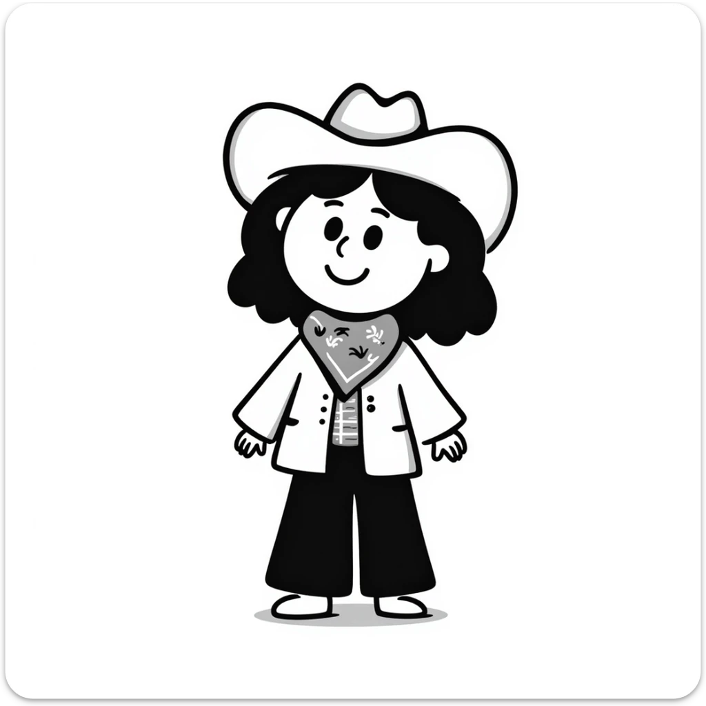 A hand-drawn plush cowgirl toy with a bandana, hat and a cute smile sticker