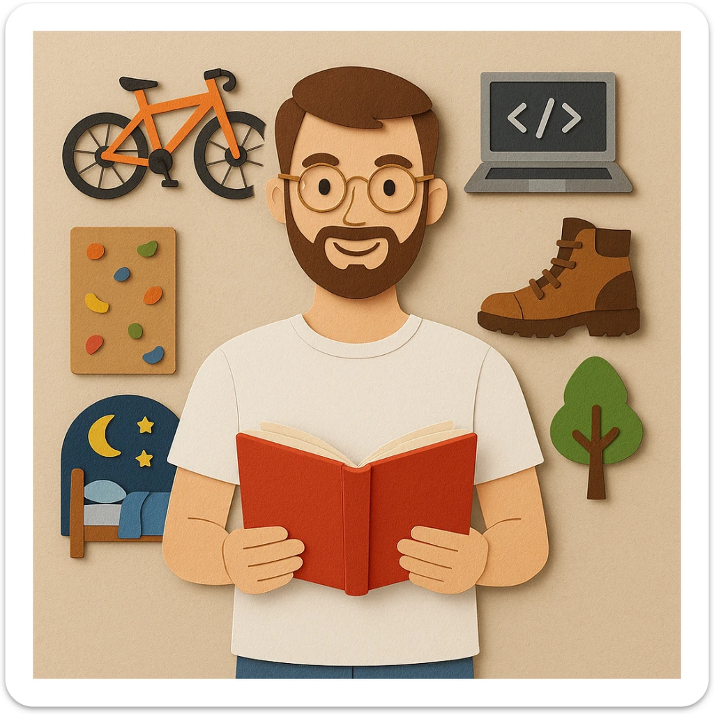 paper-craft style young man with light skin, short brown hair, neatly trimmed beard, round gold-rimmed glasses, smiling, plain white t-shirt, holding open red book at chest level, surrounded by hobby icons: orange mountain bike, gray laptop with code, brown hiking boot, climbing wall, bed with blue blanket and moon-and-stars, green tree sticker
