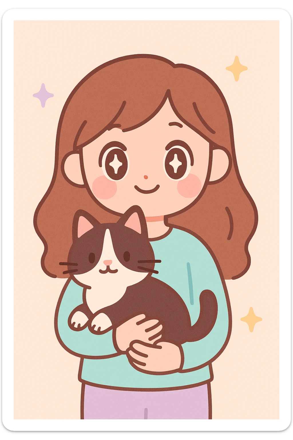 a person with brown long hair holding a black and white cat, cute cartoon style sticker