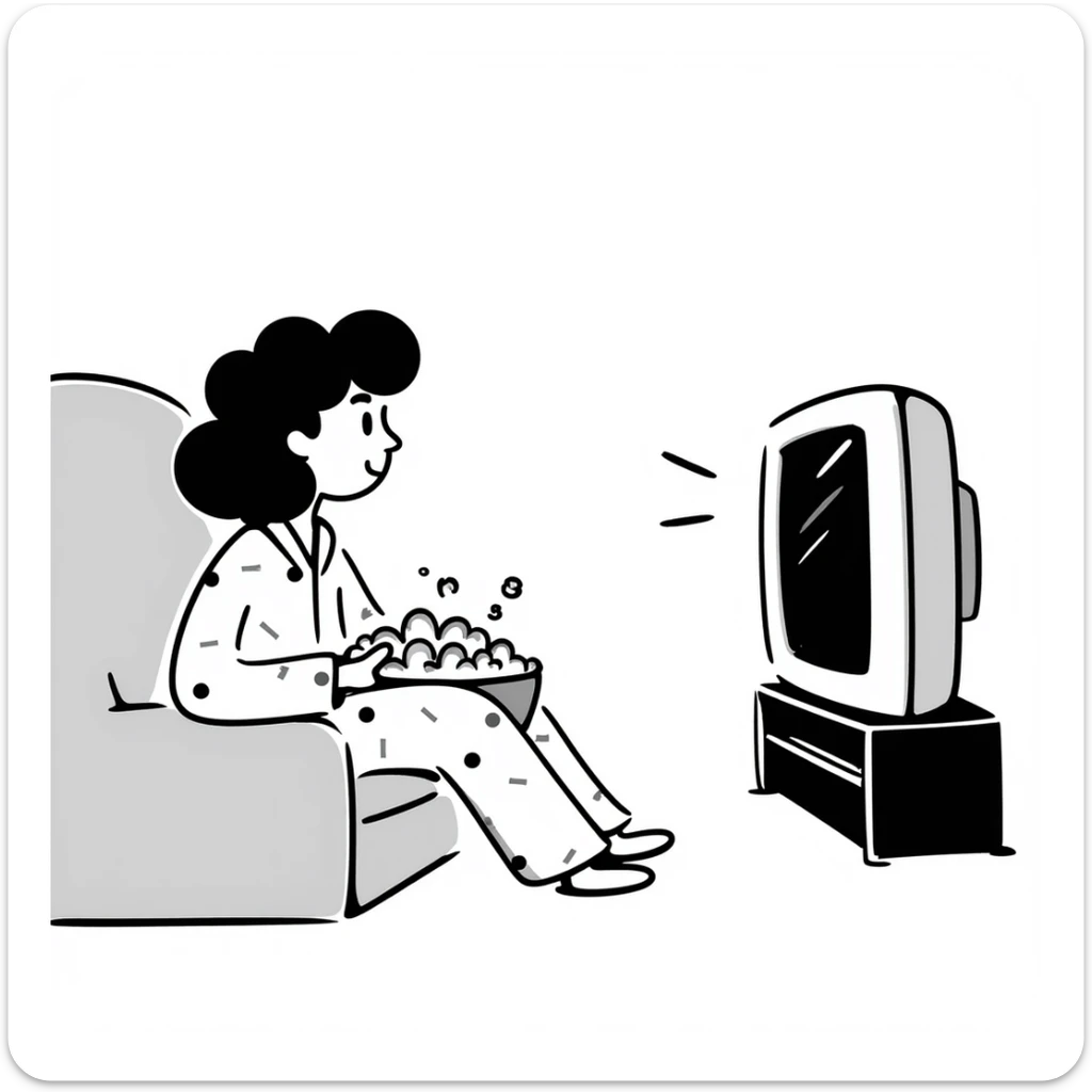 Hand-drawn person in pajamas watching movie at home with a big bowl of popcorn, tv light glowing sticker