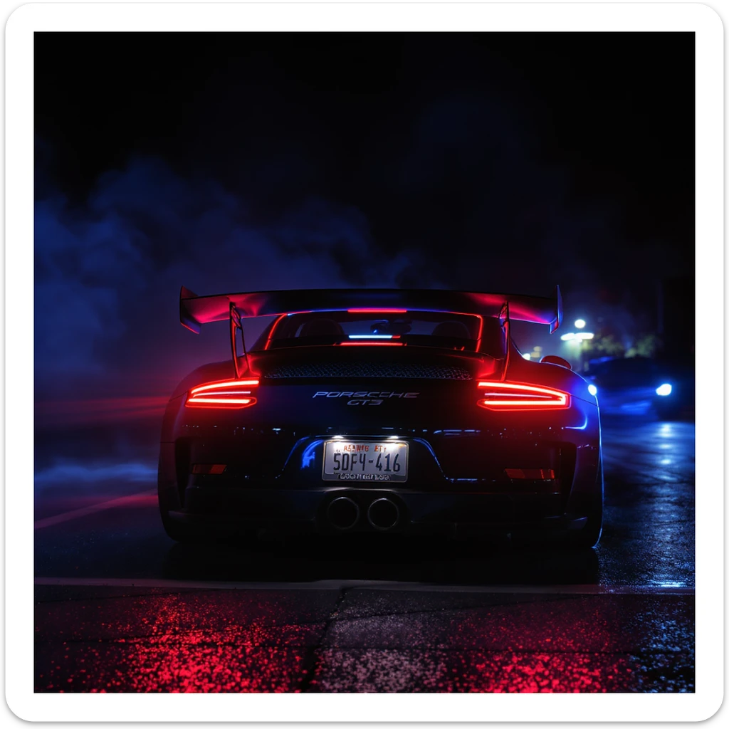 Shot and Directed by Quentin Tarantino, Cinematic still of a porsche 911, gt3 rs, night photo, red lights and blue bright night  sticker