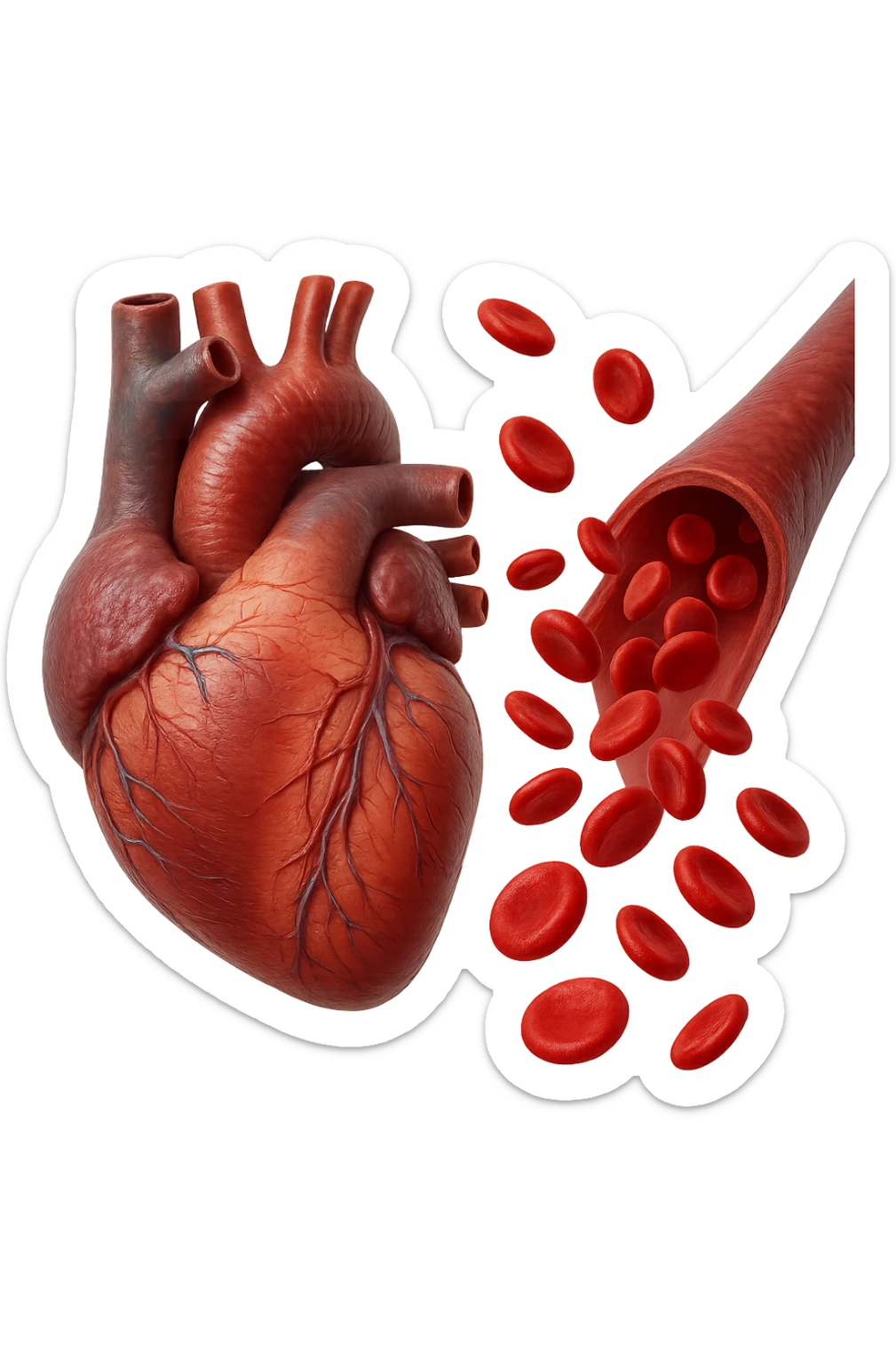 cuore anatomico umano fluttuano in aria insieme ad una vena umana con globuli rossi , iperrealistiche 4k sticker