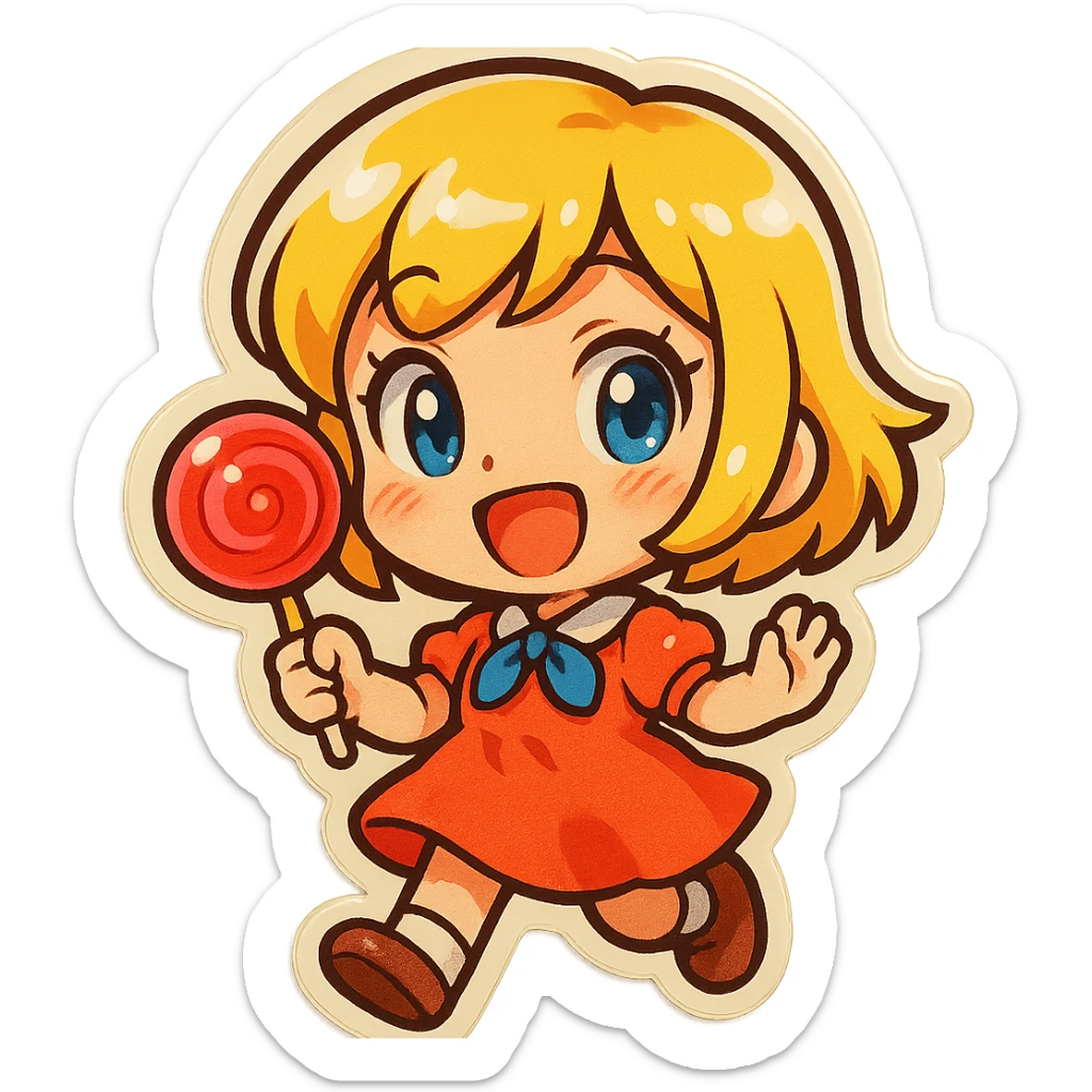 chibi anime girl with short blonde hair, holding a lollipop, cheerful, retro stickers style sticker