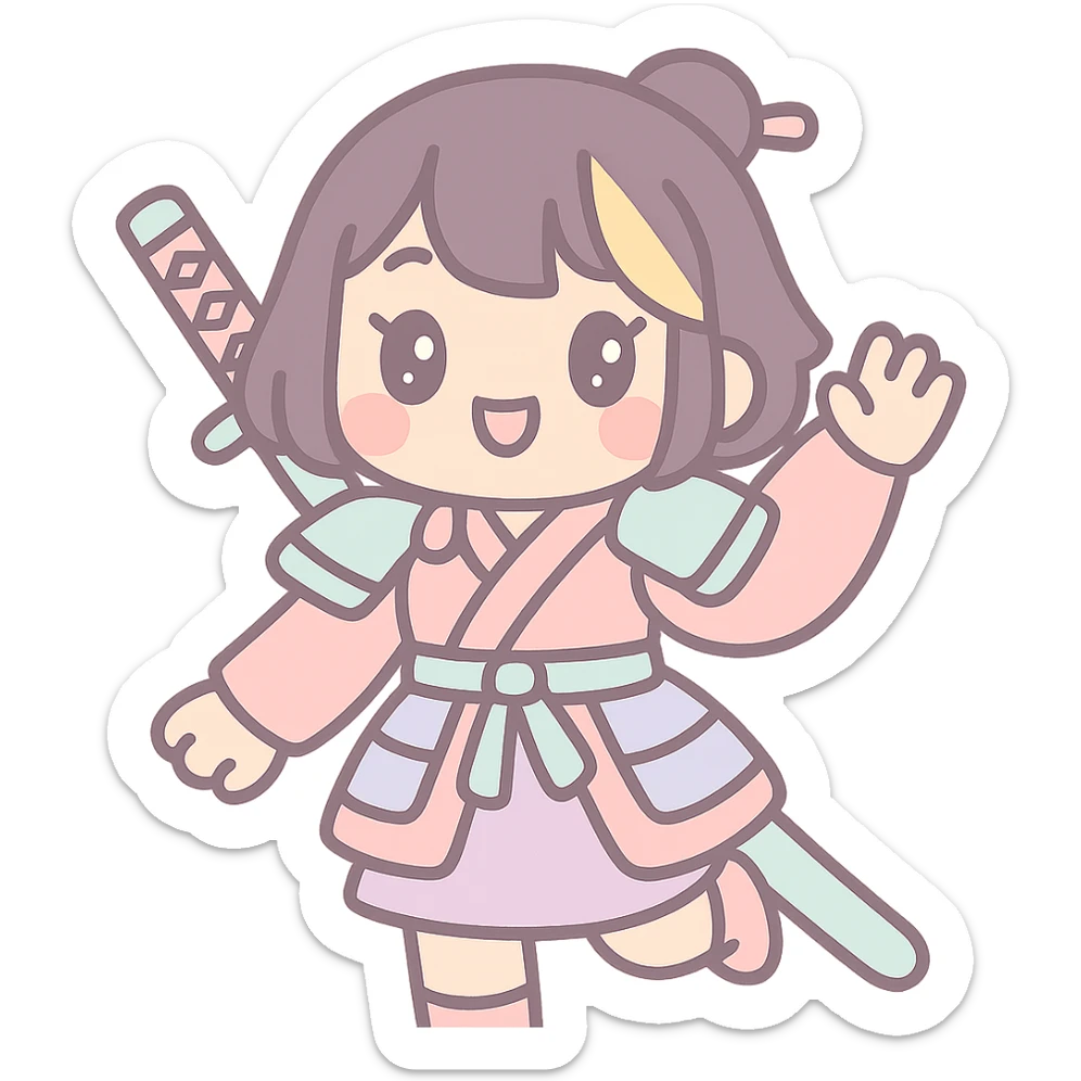 kawaii samurai girl with short hair and one streak of blonde in her hair, playful pose, kimono with armor accents, blushing cheeks sticker
