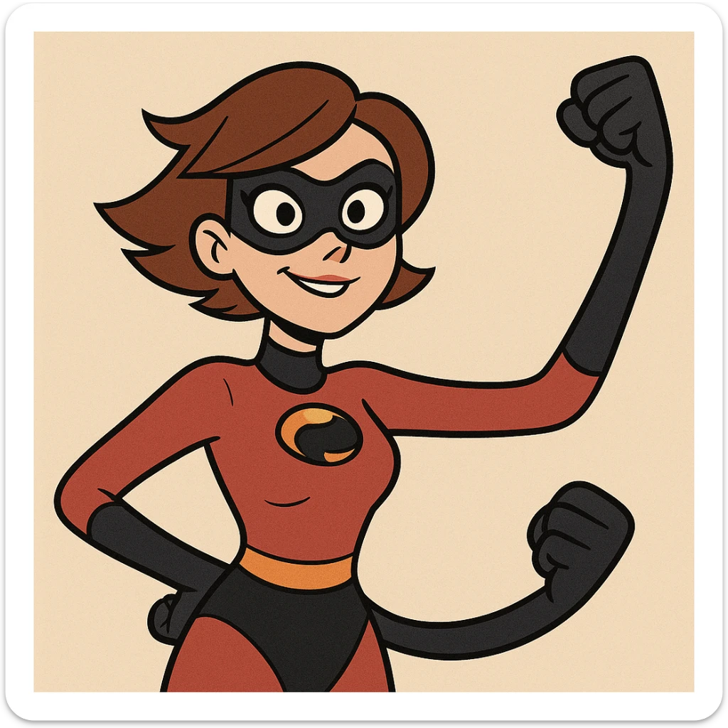 upper body of a heroic woman with stretching powers, red and black superhero outfit, black mask, short brown hair, animated style sticker