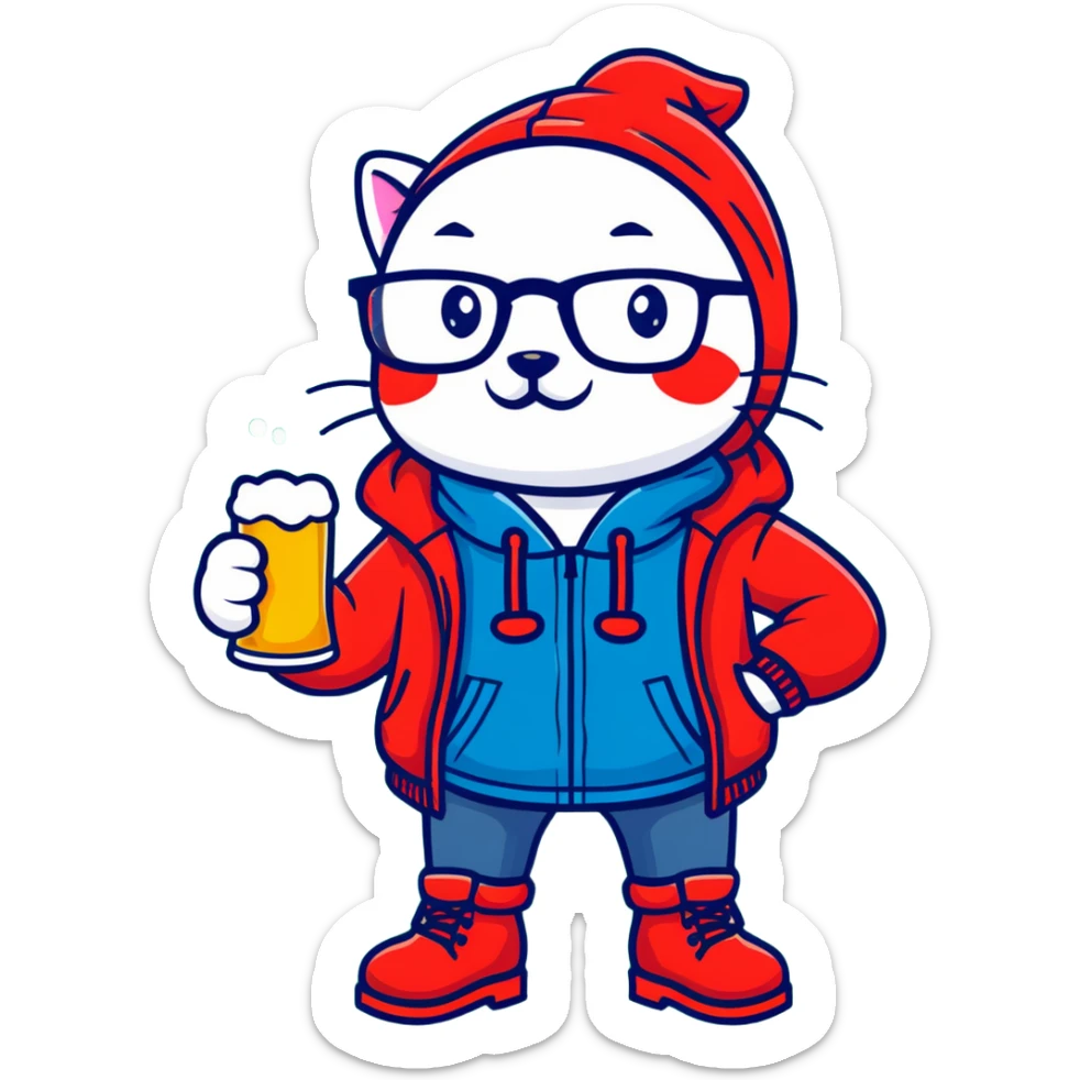 Catfish in a red winter jacket with hood, wearing round glasses, blue jeans, red boots, holding a beer can with a red label sticker