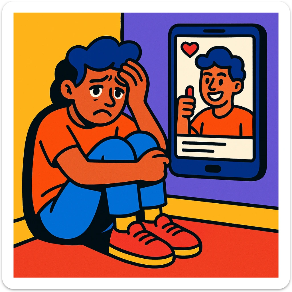 A modern person sitting alone in the corner of a room, looking distressed after seeing their real self in contrast to their idealized image posted on social media, vibrant cartoon style sticker