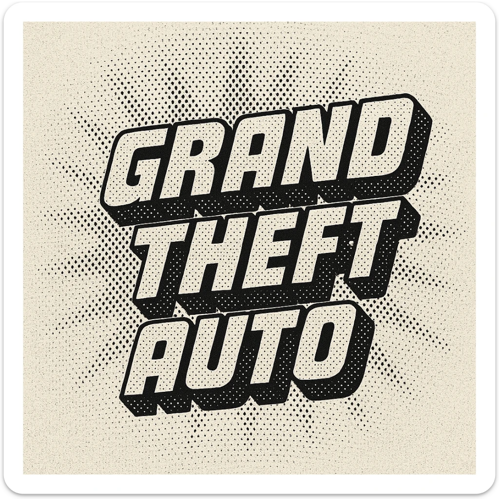the words 'Grand Theft Auto' in a bold, blocky, black-and-white style, inspired by the classic Grand Theft Auto video game logo, with a slight 3D effect and thick outlines sticker