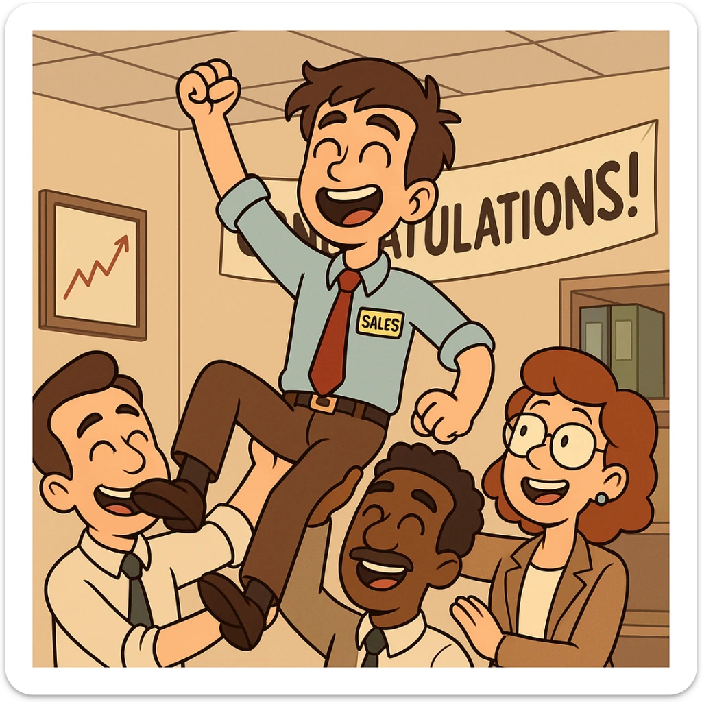 cartoonish depiction of a junior sales official in business attire, raised up by coworkers in an office celebration, everyone looking proud and happy sticker