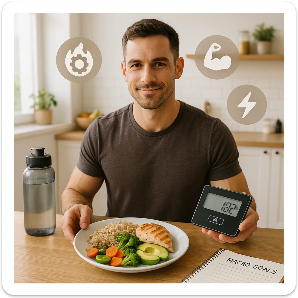 A fit man in his early 30s, sitting calmly at a clean wooden kitchen table, adjusting his meal portions with intention. On the plate: whole grain rice, avocado slices, grilled chicken, and olive oil drizzled vegetables — slightly more than a normal serving, symbolizing a small caloric surplus. He’s holding a digital food scale and smiling slightly, showing confidence. Around him float clean icons of metabolism, muscle growth, and energy. Background: bright morning light, minimalistic kitchen with fitness and wellness elements (e.g. a water bottle, notepad with 'macro goals', and healthy food on shelves). Style: semi-realistic, lifestyle photography look, warm tones, high detail sticker