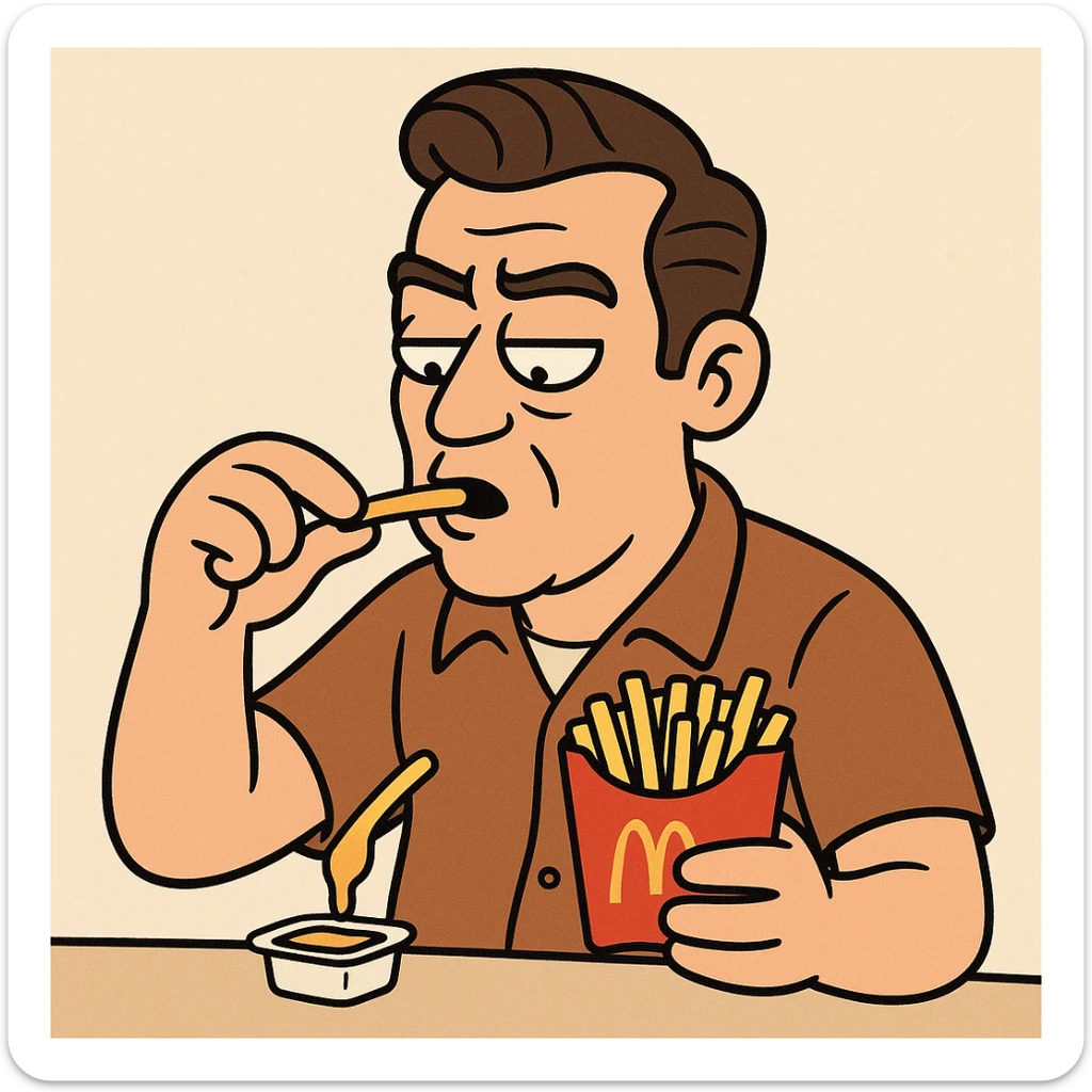 Side oil head brown shirt beige shirts  eating mcdonalds fries some sauce sticker