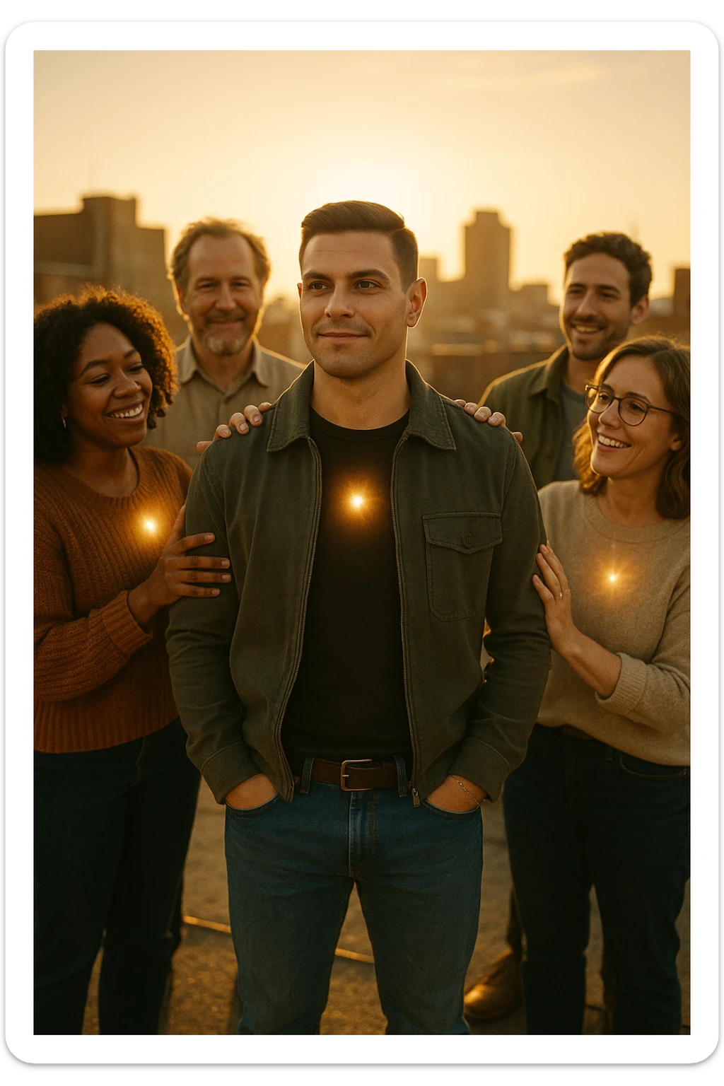 A cinematic scene of a man in his early 30s standing at the center of a sunlit urban rooftop during golden hour, surrounded by a diverse group of supportive, smiling people — friends, mentors, colleagues. They’re standing slightly behind or beside him, hands on his shoulder or gesturing toward him with encouragement. The man looks forward with a confident, inspired expression, body slightly relaxed, as if something inside di lui sta cambiando. The light behind the group forms a halo effect, emphasizing warmth and unity. Subtle visual symbolism: faint glow around their hands and hearts, suggesting their energy is uplifting him. Realistic clothing, modern style — jeans, T-shirts, casual jackets. The mood is inspiring, grounded, and full of potential. Shot in 35mm film style, with rich warm tones, shallow depth of field, and vibrant human detail. sticker