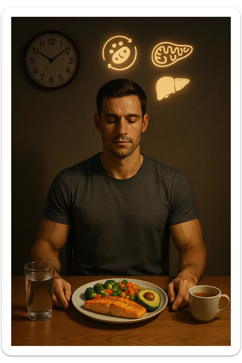 A realistic, cinematic illustration of a healthy, fit man in his early 30s with a calm, disciplined expression, sitting at a clean wooden table in the evening with a single, balanced, nutrient-dense meal in front of him (grilled salmon, colorful vegetables, avocado). The rest of the day he drinks only water and herbal tea, visible in a glass and a simple cup on the side. A wall clock in the background shows 6:00 PM, emphasizing that this is his only meal of the day (OMAD). Subtle glowing icons above him display a regenerating cell, mitochondria, and a liver symbol, representing autophagy, longevity, and health benefits of OMAD. The lighting is warm, with cinematic shadows and natural tones, creating a sense of discipline, mental clarity, and health optimization. The man looks centered and content, showing that OMAD is a conscious choice for energy and regeneration, not restrizione. The scene is realistic with slight film grain for depth sticker