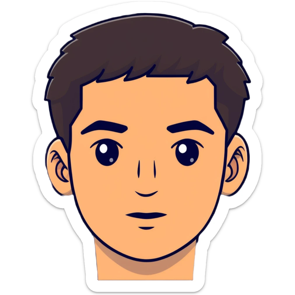 close-up of man face only with medium eyes, medium light skin tone, dark hair, no neck visible, just the face sticker