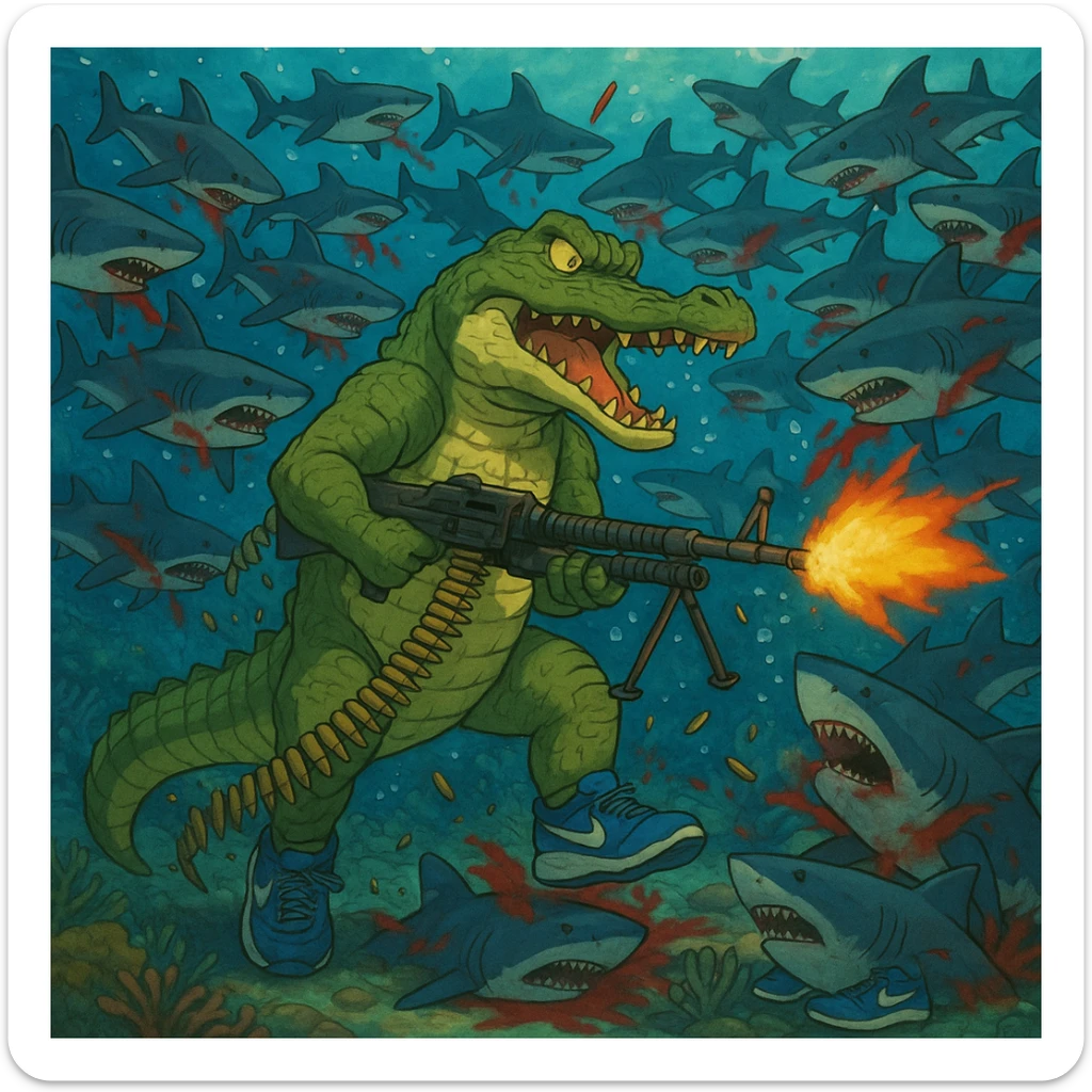 1 crocodile take m60 vs 20,000 shark They wear shoes Nike blue and crocodile killing all sharks  shoes Nike blue and crocodile wins sticker