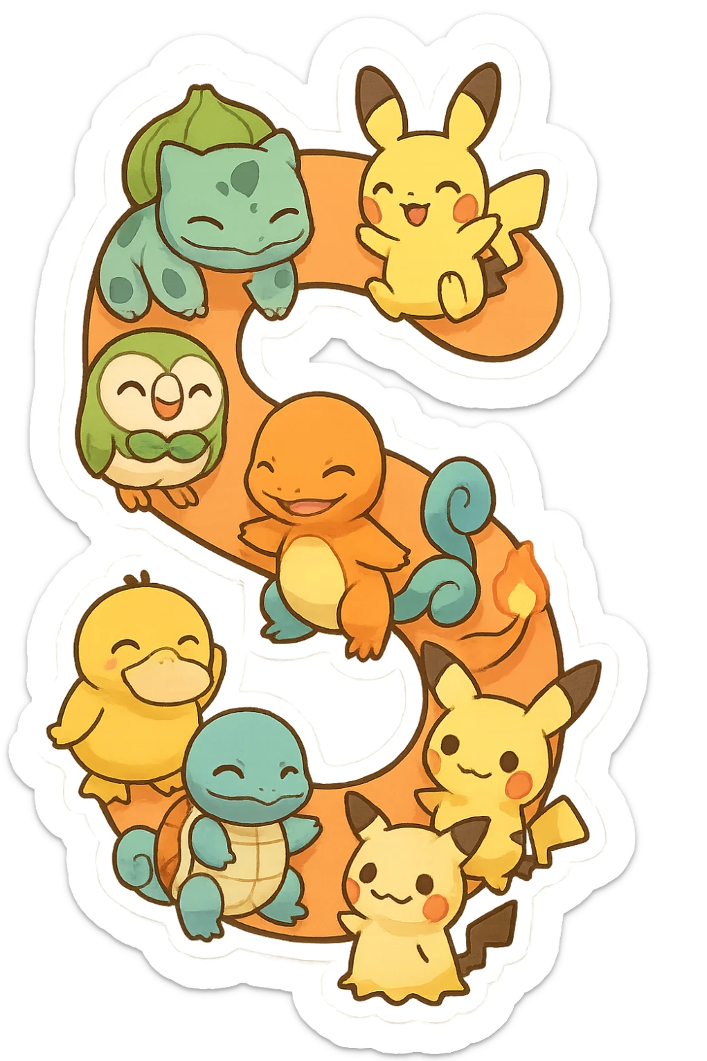 The letter S formed out of various Pokémon characters, playful and colorful style, vibrant and fun sticker