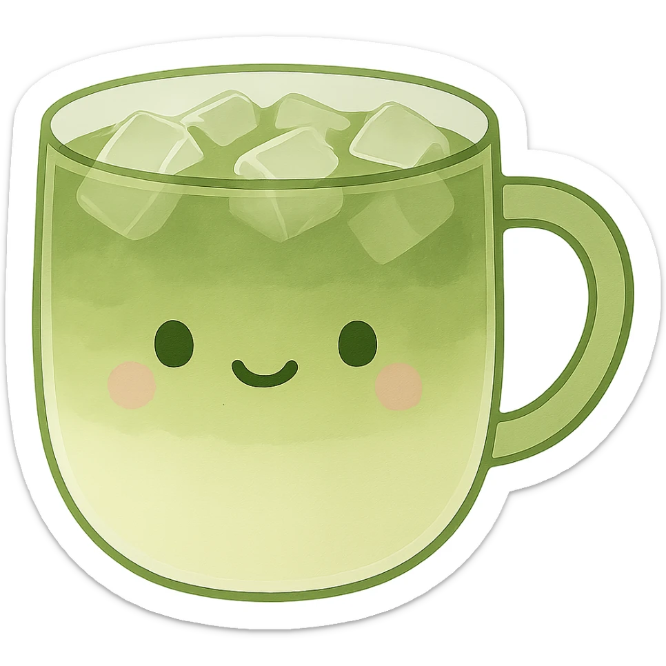 Add ice cubes to the cute matcha latte in the see-through cup, keep the gentle green and milk gradient, minimal and modern style, no background. Maintain the minimal and modern aesthetic with a smooth gradient and transparent cup. sticker