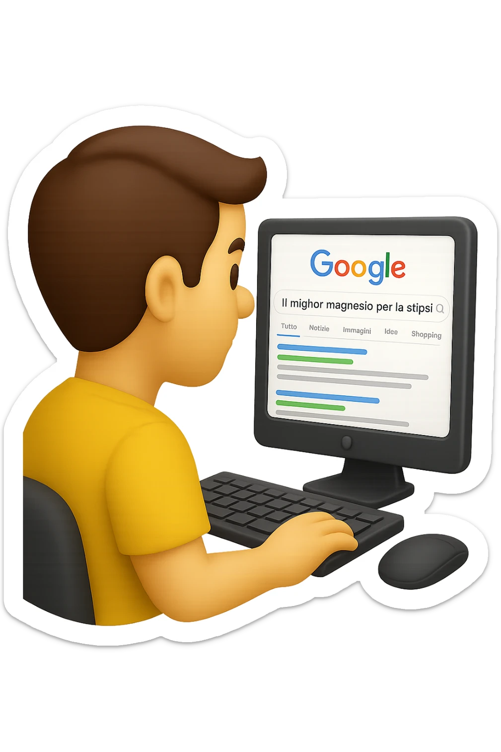 emoji stile iphone di un uomo davanti al pc che cerca di google: "Il miglior magnesio per la stipsi", iperrealistico 4k sticker