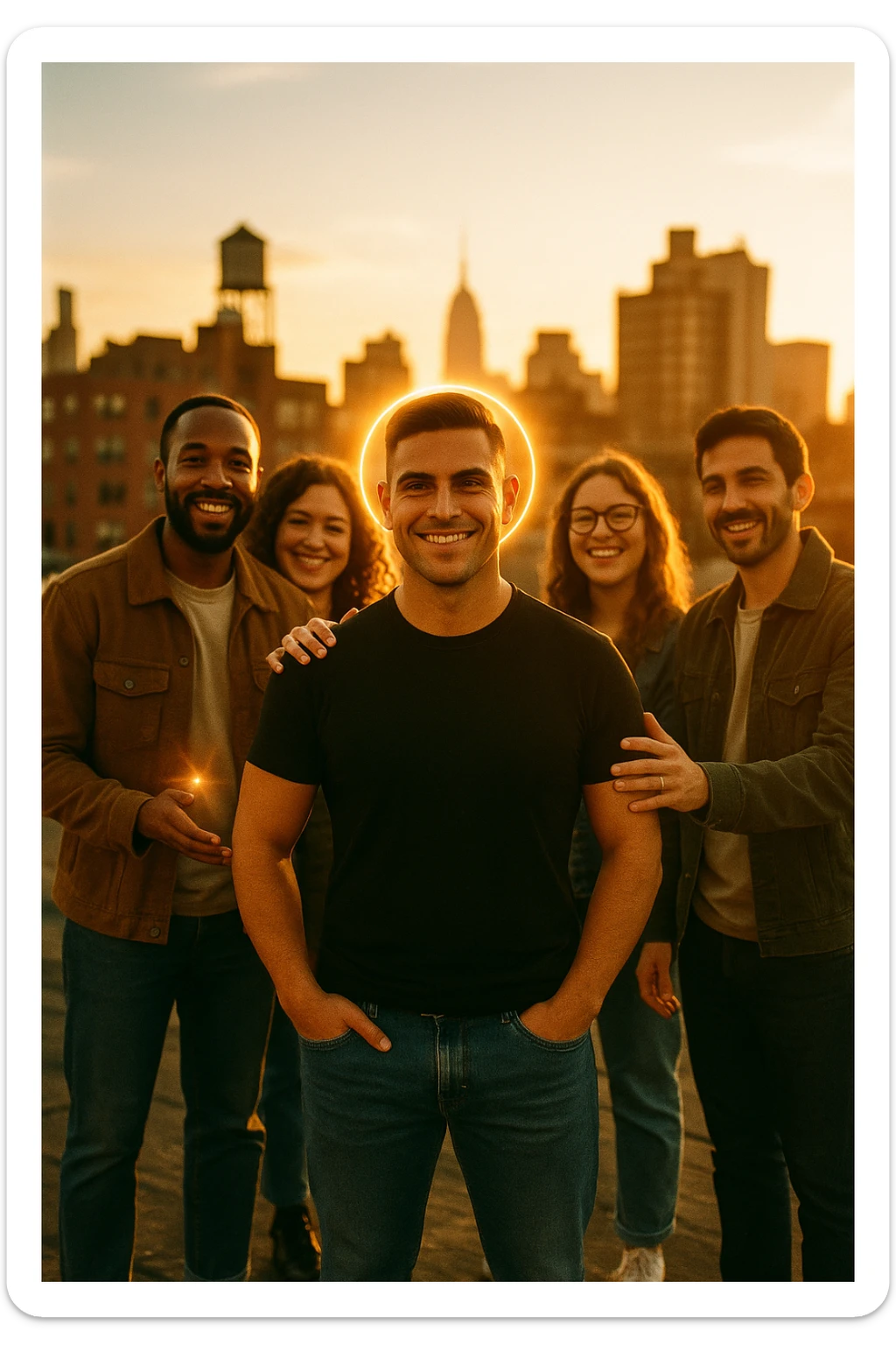A cinematic scene of a man in his early 30s standing at the center of a sunlit urban rooftop during golden hour, surrounded by a diverse group of supportive, smiling people — friends, mentors, colleagues. They’re standing slightly behind or beside him, hands on his shoulder or gesturing toward him with encouragement. The man looks forward with a confident, inspired expression, body slightly relaxed, as if something inside di lui sta cambiando. The light behind the group forms a halo effect, emphasizing warmth and unity. Subtle visual symbolism: faint glow around their hands and hearts, suggesting their energy is uplifting him. Realistic clothing, modern style — jeans, T-shirts, casual jackets. The mood is inspiring, grounded, and full of potential. Shot in 35mm film style, with rich warm tones, shallow depth of field, and vibrant human detail. sticker