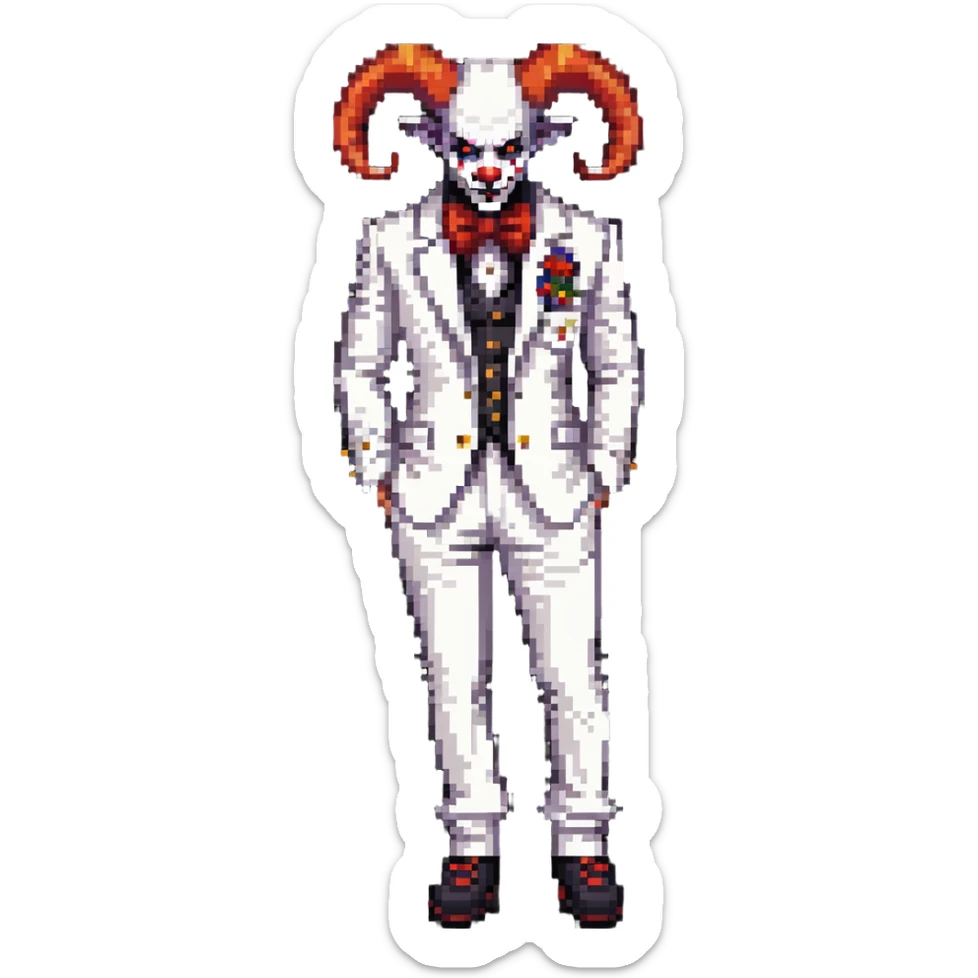 full-body demonic clown in a white leisure suit with bellbottom pants, bald, black ram horns, wearing elevator shoes sticker