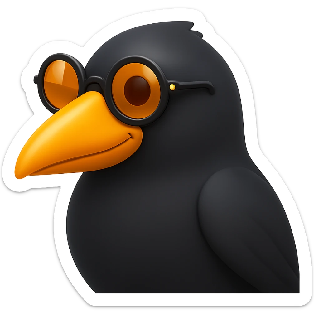 Make the bird emoji more emoji-like but keep the detailed, slightly cartoonish style of the reference. Smooth out the feather texture just a bit, add a subtle emoji shine, and keep the orange beak and round sunglasses. Bird looking to the left. No background. sticker