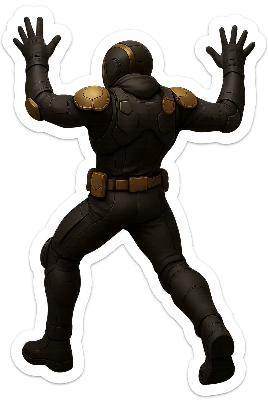 Edit the image of the armored soldier to show him from the rear view, standing with his arms flailing (not falling). Keep the original style and colors consistent. Use a transparent background. sticker