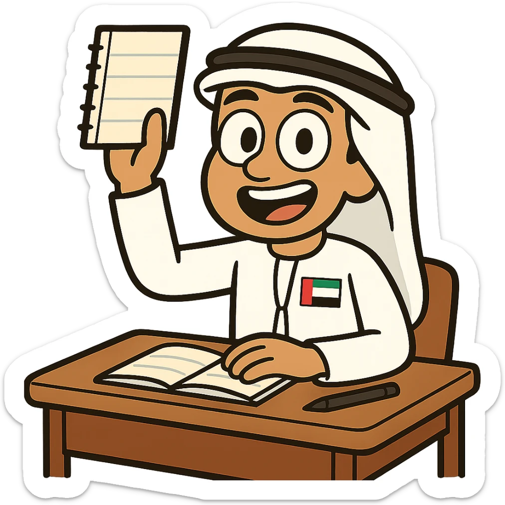 Edit the cartoon character to wear traditional Emirati attire and include the UAE flag, symbolizing class participation, with no background. sticker