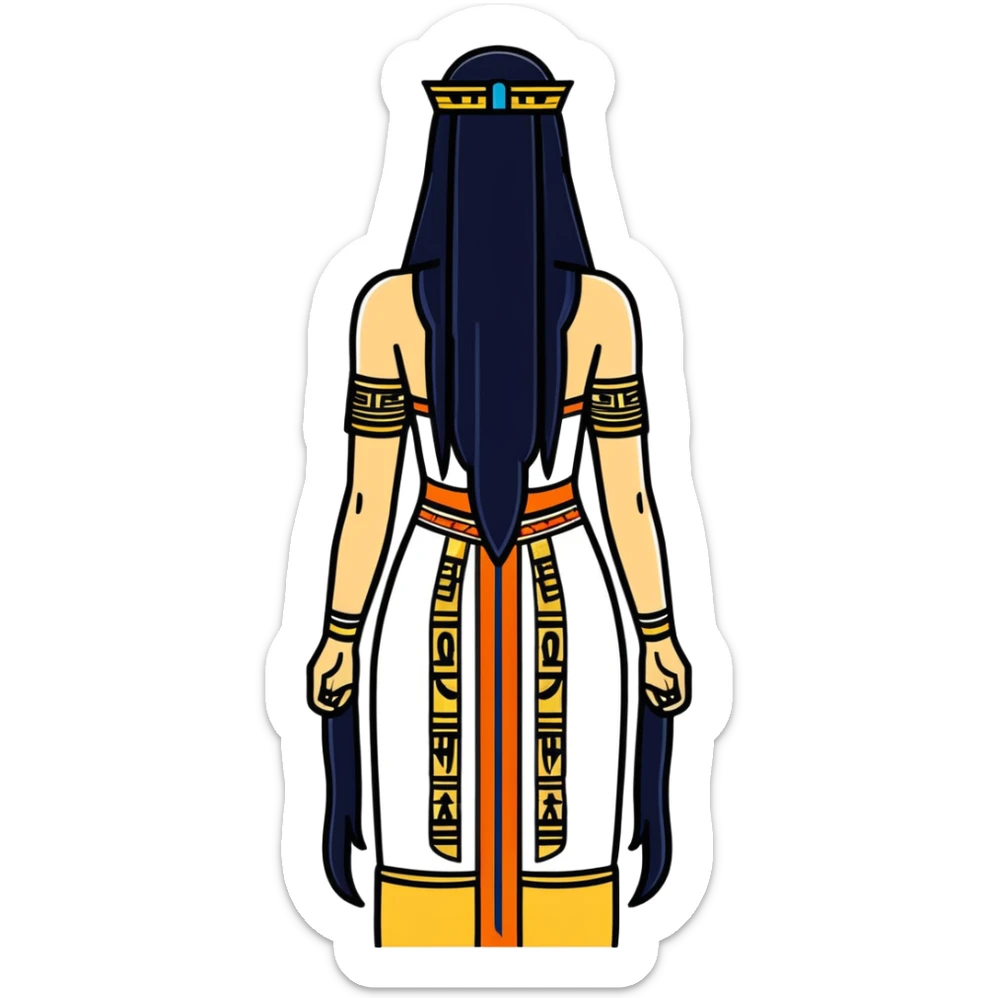back view of Anunnaki goddess Inanna with straight long black hair and ancient Sumerian symbols embroidered on her ceremonial dress sticker